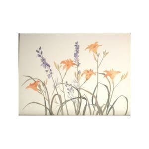 Minimalist canvas with delicate orange and purple flowers on a neutral background.