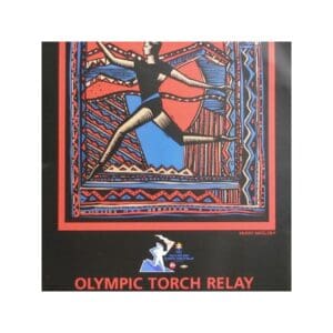 A poster depicting an Olympic torch relay with a runner in traditional attire.