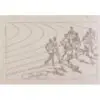 Sketch of three riders on horseback moving through a landscape with curved lines.