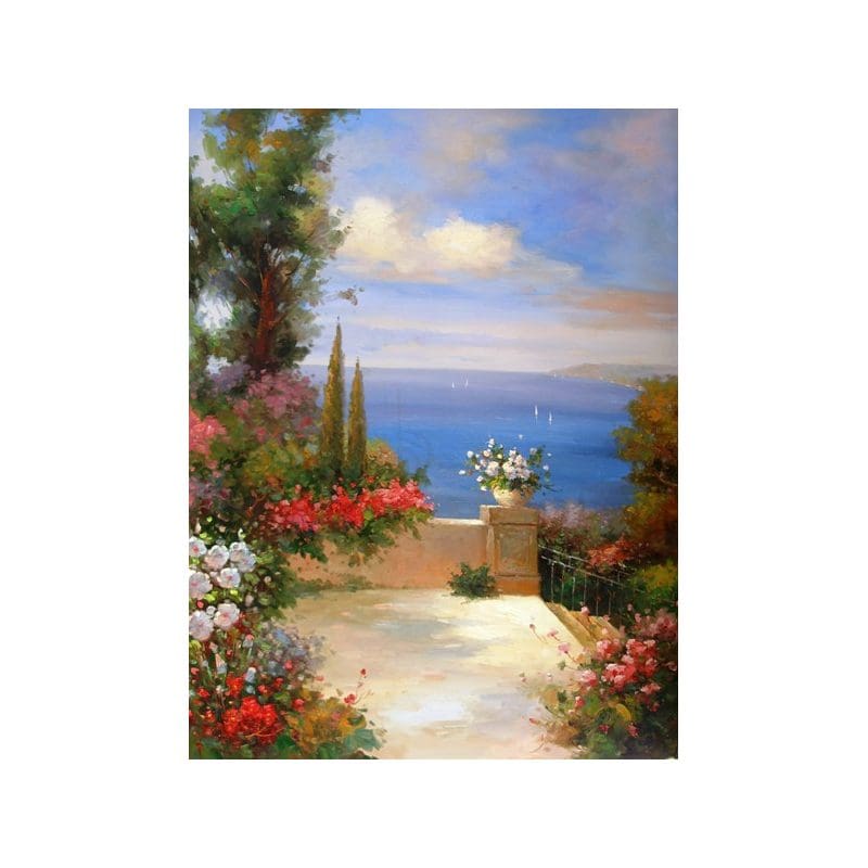 Scenic garden path leading to a seaside view with flowers and a statue.