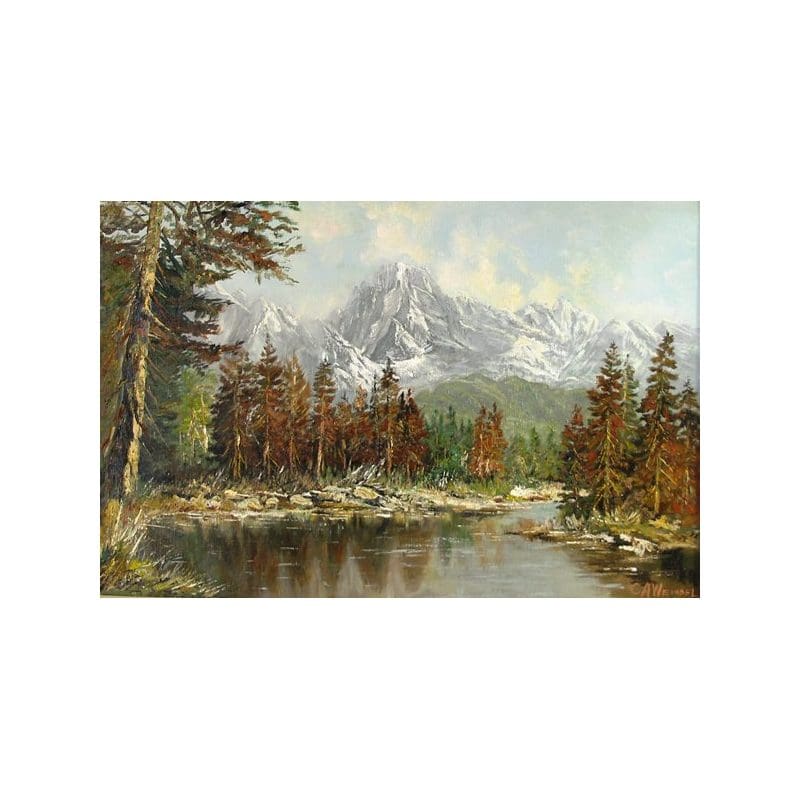 A serene mountain landscape with a cabin by a river and autumn trees.