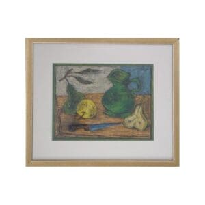 Untitled, framed. Fruits and a green decanter.