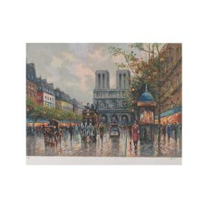 Rainy Paris street scene with Notre-Dame Cathedral and people with umbrellas.