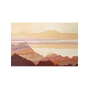 A serene sunset over layered mountains and a reflective lake.