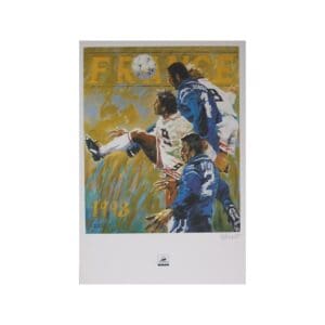 Soccer players in action with a golden background and abstract text.