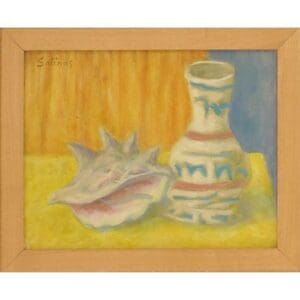 Still life painting of a seashell on a table with a vase and wooden background.