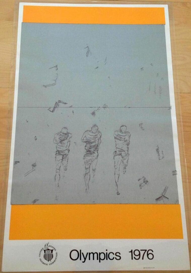 Minimalist drawing of three figures walking with a large orange border below.