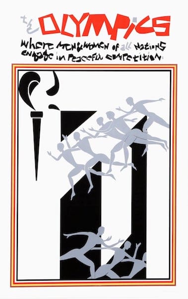 Stylized torch with figures running over a large letter U design.