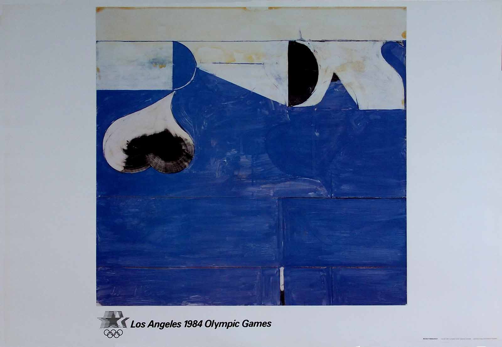Abstract artwork featuring blue shapes and black spots on a textured background.